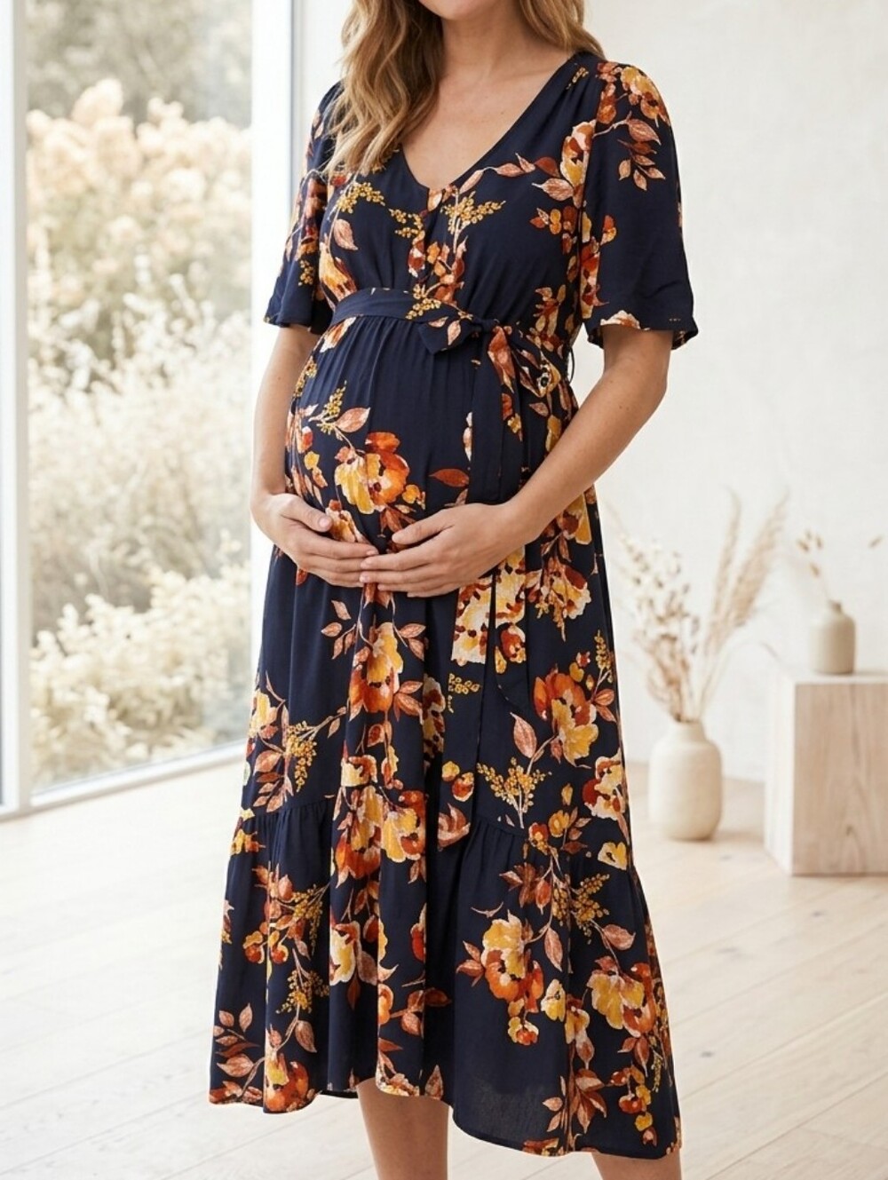 Isabel Maternity dark blue orange floral elastic waist belt tie cottage dress M